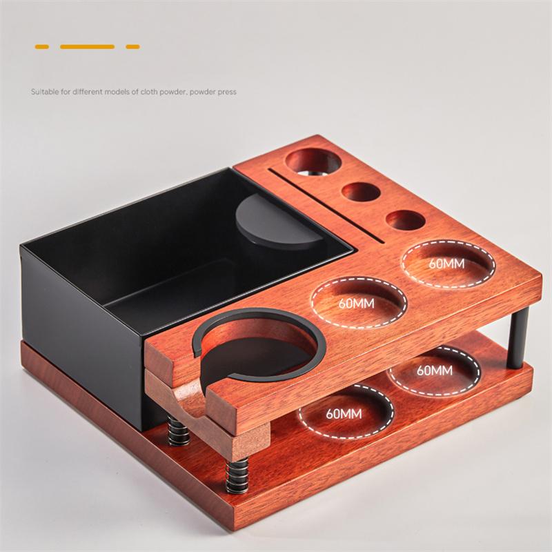 51-58mm Wooden Coffee Tamper Station Spring Tamper Holder Coffee Knock Box Distributor, Portafilter & Puck Screen Organizer Box
