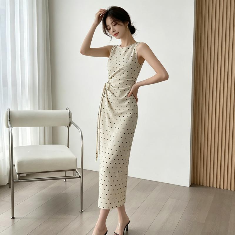 New High-end Temperament Polka Dot Dress Women's Side Waist Strap French Sleeveless Long Dress Summer Tide