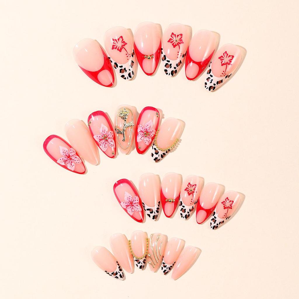 Almond Shape Leopard Print Nails with Steel Bead Flower Embellishments - Luxury Nail Tips for a Chic Manicure