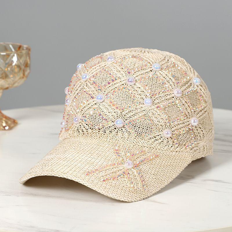 Dame vår sommer baseballcaps mote perle rhinestone rutete caps netting pustende solhatt