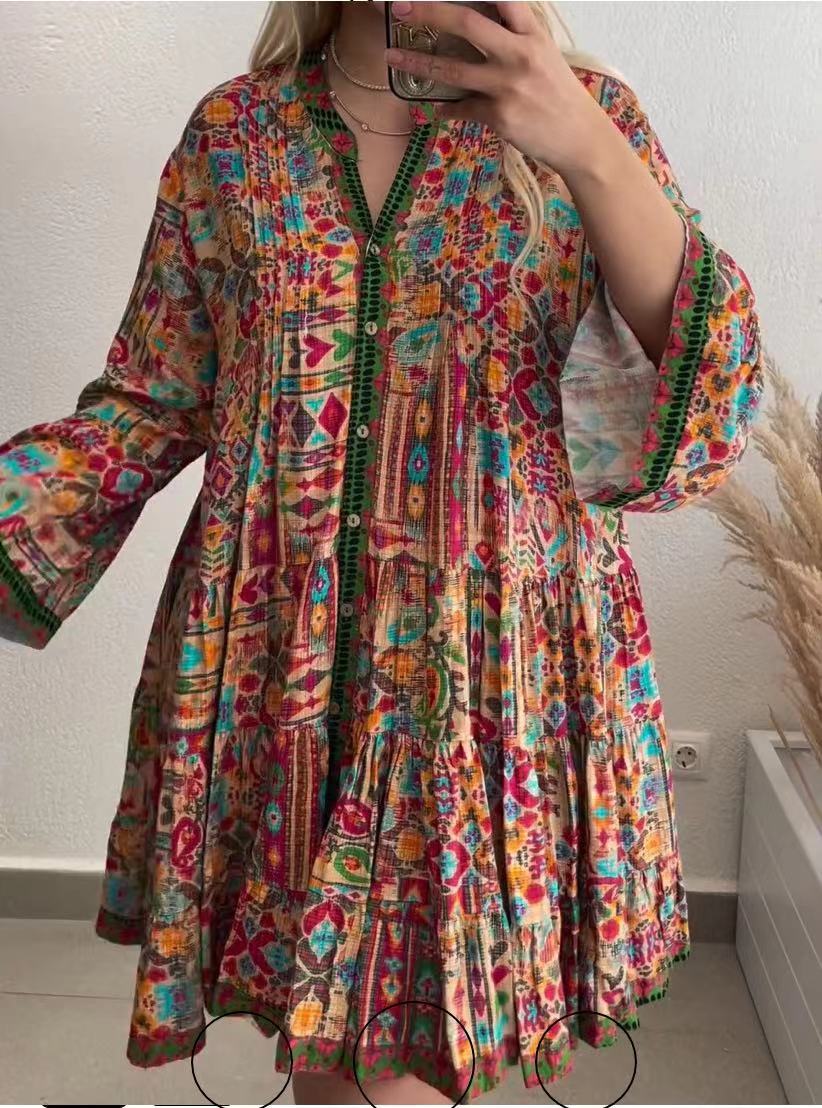 2026 European and American women s clothing loose casual V-neck single-breasted printed dress XS