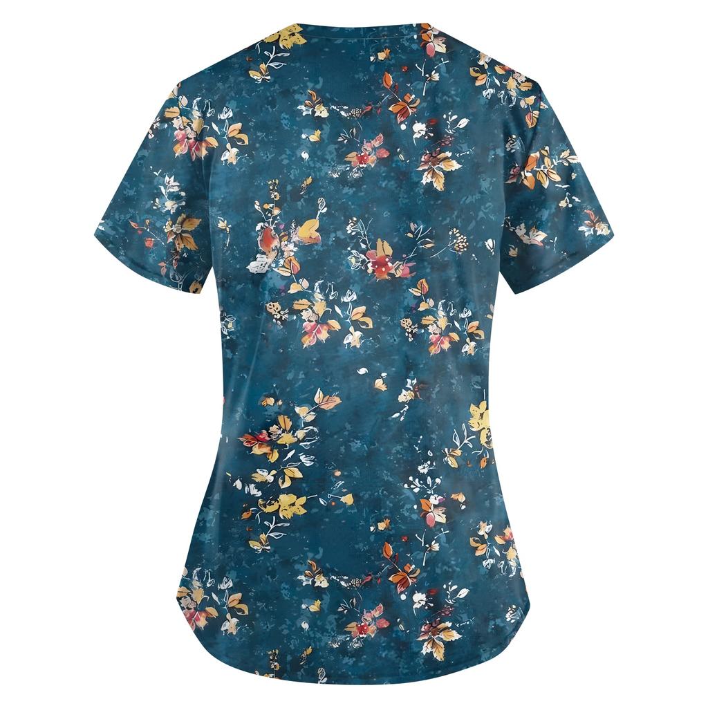 Plus SizePrinted Scrub Working Uniform Tops For Women's Cross V-Neck Print Short Sleeve Fun T-Shirts Workwear Tee With Pockets