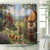 Rustic Village Oil Painting Shower Curtain - Thatched Cottages, Chickens, Wildflowers, Greenery, Blue Sky, Washable Polyester,