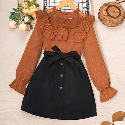 Tuta alla moda per ragazze adolescenti, abbigliamento per bambini, primavera, autunno, pizzo, pois, camicia a maniche lunghe + gonna corta, set da 2 pezzi