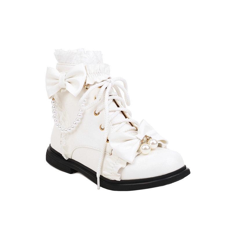 Size28-43 Bow Lolita Girls Short Boots Women Ankle Boots Lace-Up Zipper School Cosplay Princess Lolita Flat Shoes Girls Booties