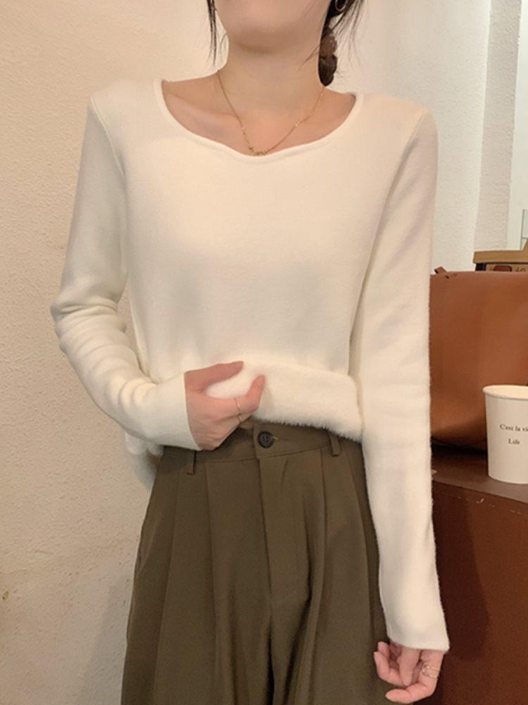 Women's Fleece-Lined Square Neck Sweater: Knit, Long Sleeve, Base Layer for Spring, Autumn, Winter 2025