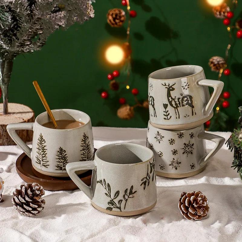 Christmas Gift Retro Ceramic Mug Heat-resistant Handle Coffee Cup Elk Handmade Juice Milk Cup For Home Office Water Cup Tea Cup