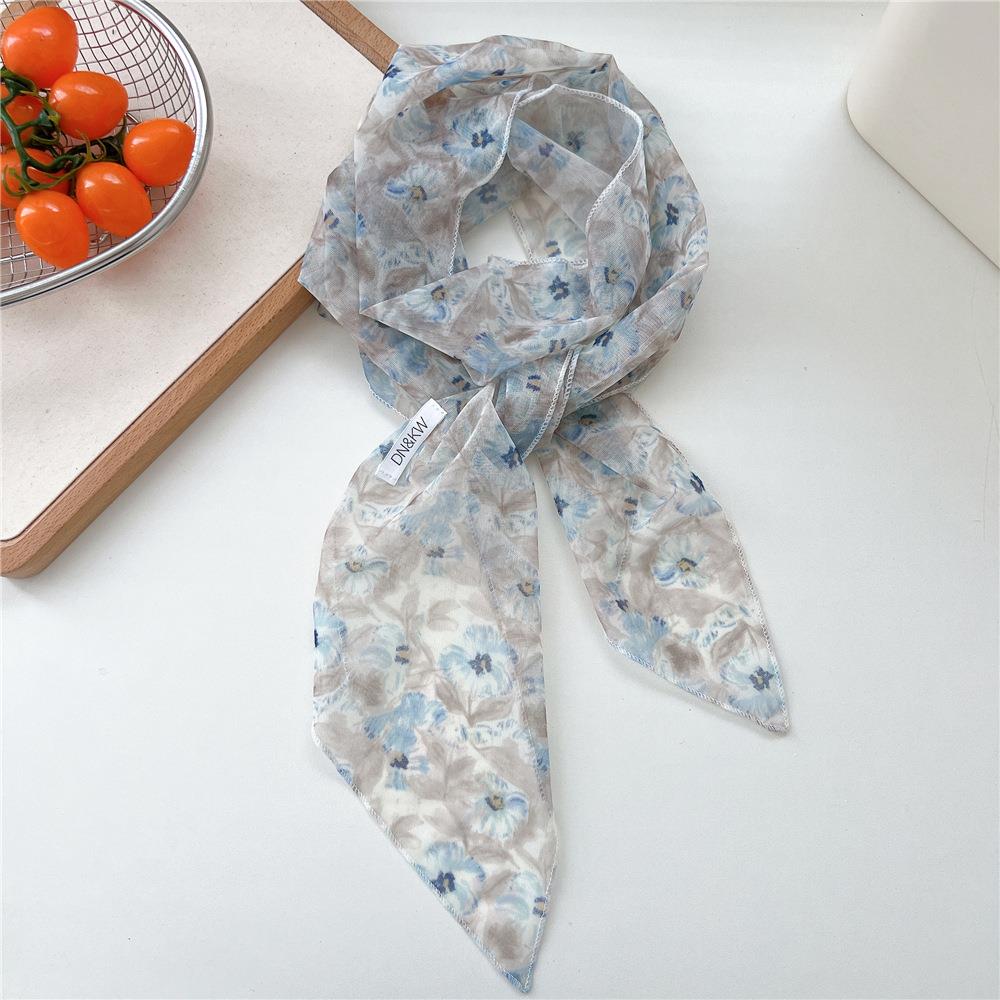 Fashion Korean Thin Silk Scarf Y2k Vintage Plaid Long Ribbon Neckerchief Summer Decorative Silk Scarf Hair Scarf Travel Photo