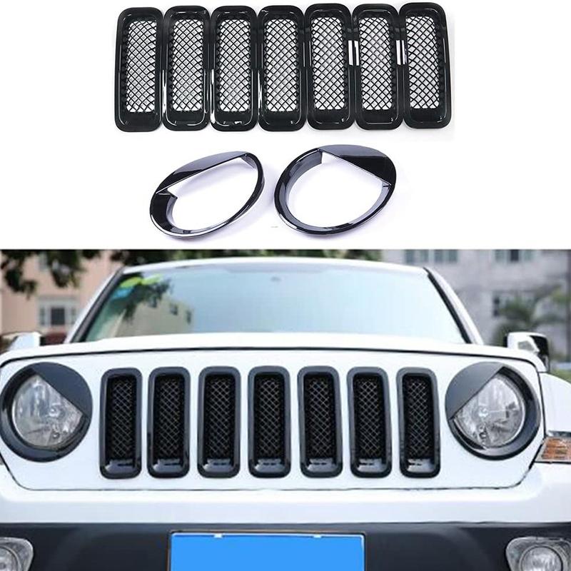 9Pcs Front Grille Grill Mesh Grille Ert Kit + Style Headlight Lamp Cover Trim For Jeep Patriot 2011-2016