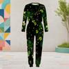 Women Plus Size Two Piece Set Round Neck Long Sleeve Printed Navy Blue Cuffed Top And Pants With Pockets