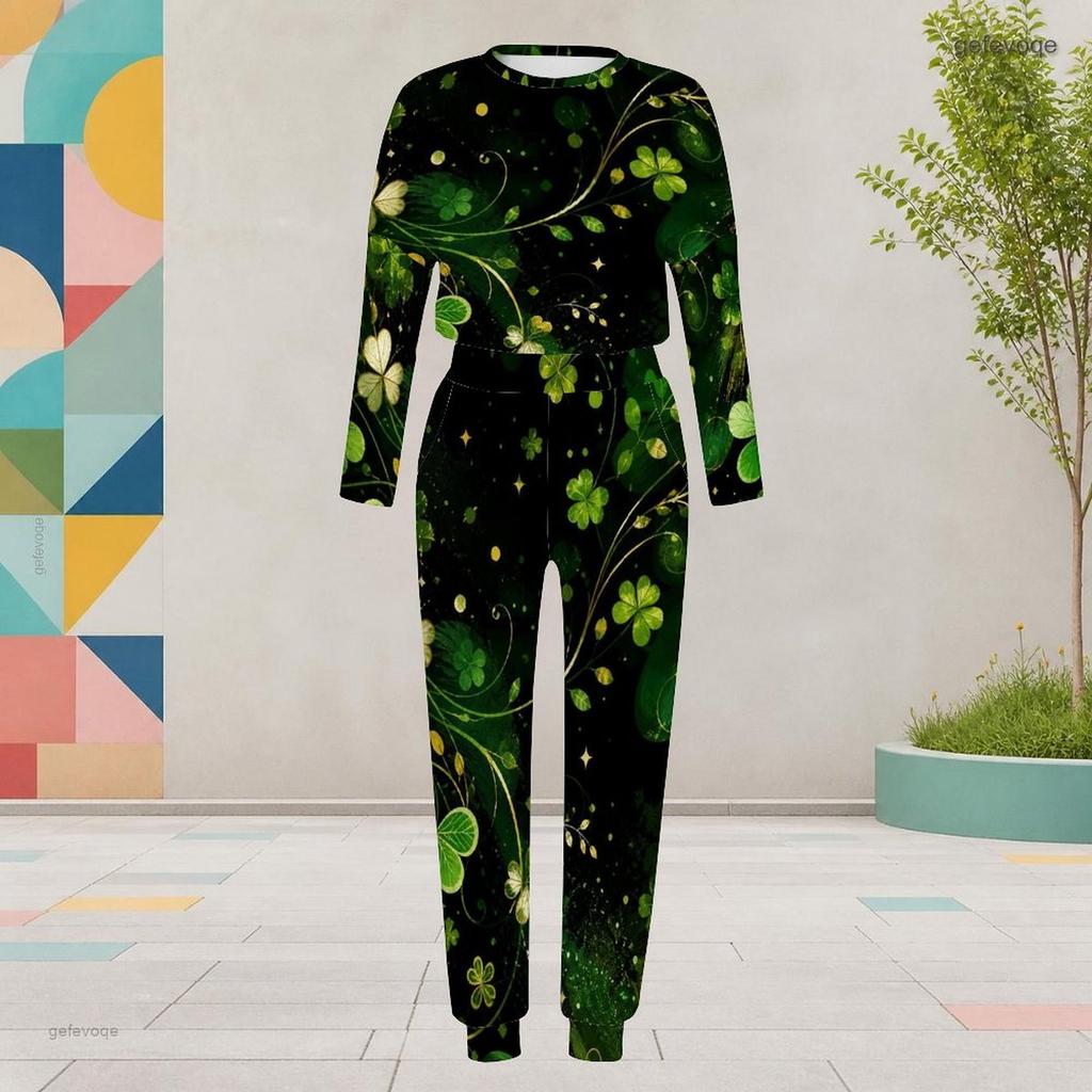 Women Plus Size Two Piece Set Round Neck Long Sleeve Printed Navy Blue Cuffed Top And Pants With Pockets