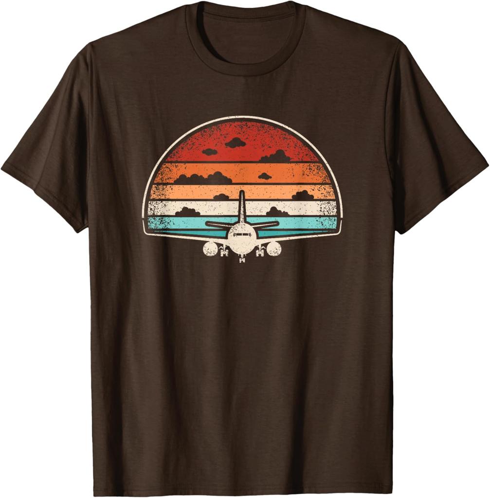 Retro Airplane Sunset Graphic Tee Men's Casual Breathable Cotton T-Shirt Pilot Aviator Flying