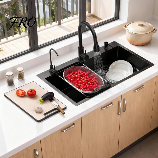 Kitchen Sink Black Sink, Embedded/Top Mounted Stainless Steel Workbench with Cutting Board & Drainage Basket, Single Bowl Accessories (31.5 x 17.7in)