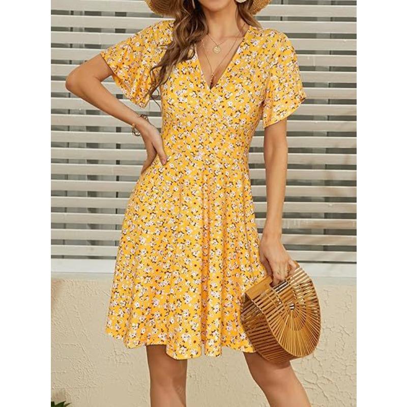 Popular, Summer Floral Short Sleeve Wrap V-Neck A Line Midi Dress