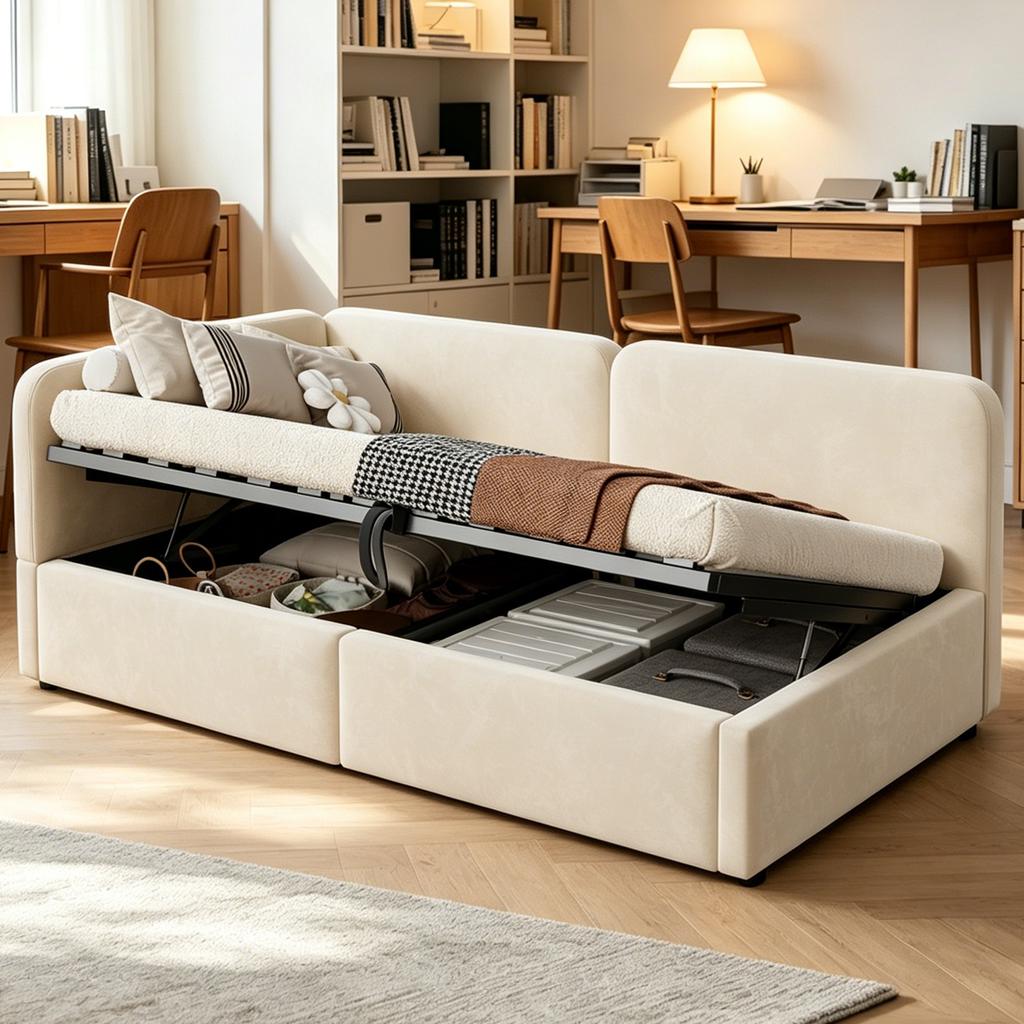 Letto imbottito 90x200 divano letto, velluto, contenitore idraulico, testiera alta, schienale intercambiabile, adatto per bambini e adulti, beige