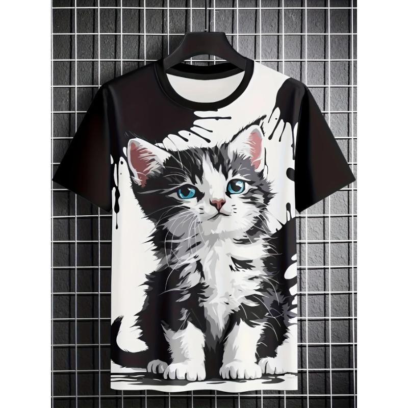 Summer Round Neck 3D Cat Print Top Fashionable Casual Short Sleeved Men's T-shirts