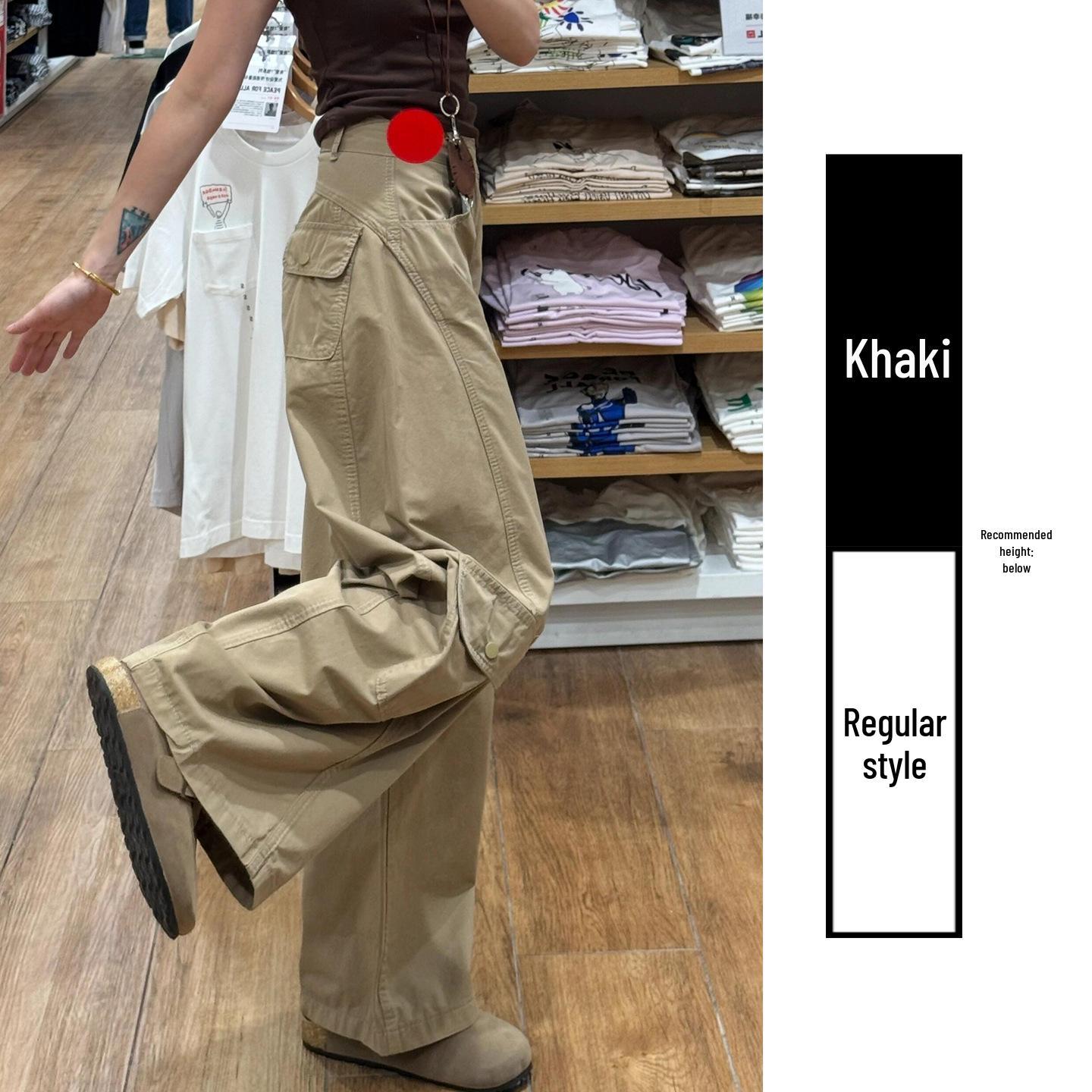 Khaki Retro Korean Style High-Waist Wide-Leg Spring Work Pants for Women, 2026 S
