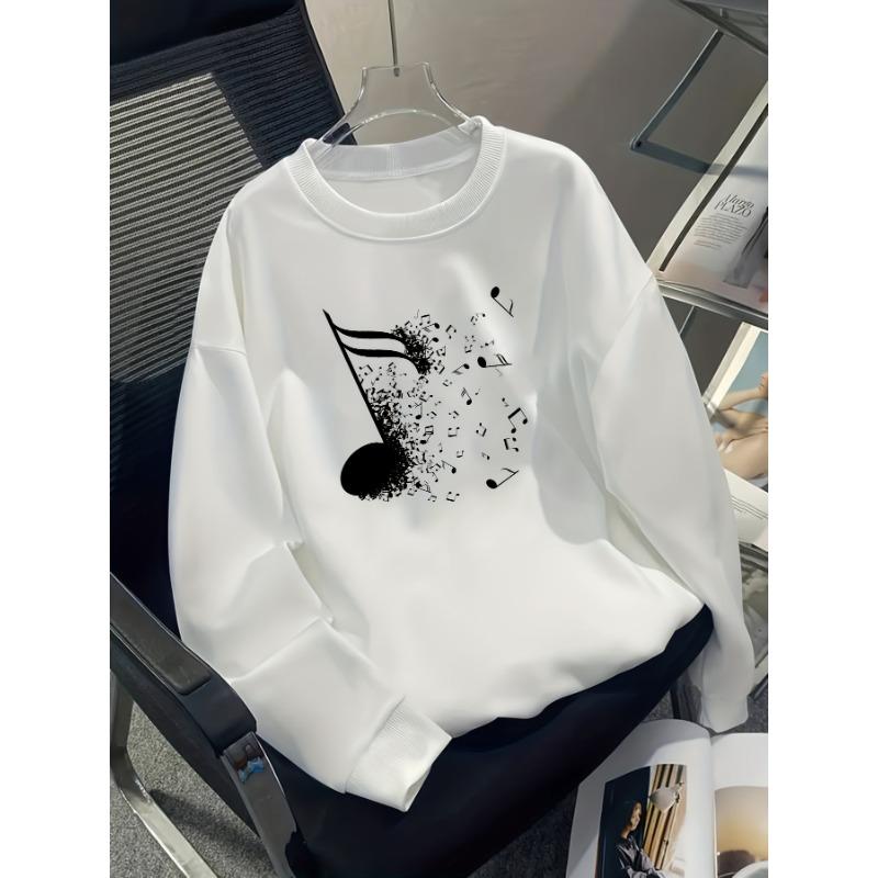 European Sizes Youth Boys' Musical Note Print Casual Sport Autumn Winter Long-Sleeve Sweatshirt, Warm Round Neck Top, Outdoor Wear.