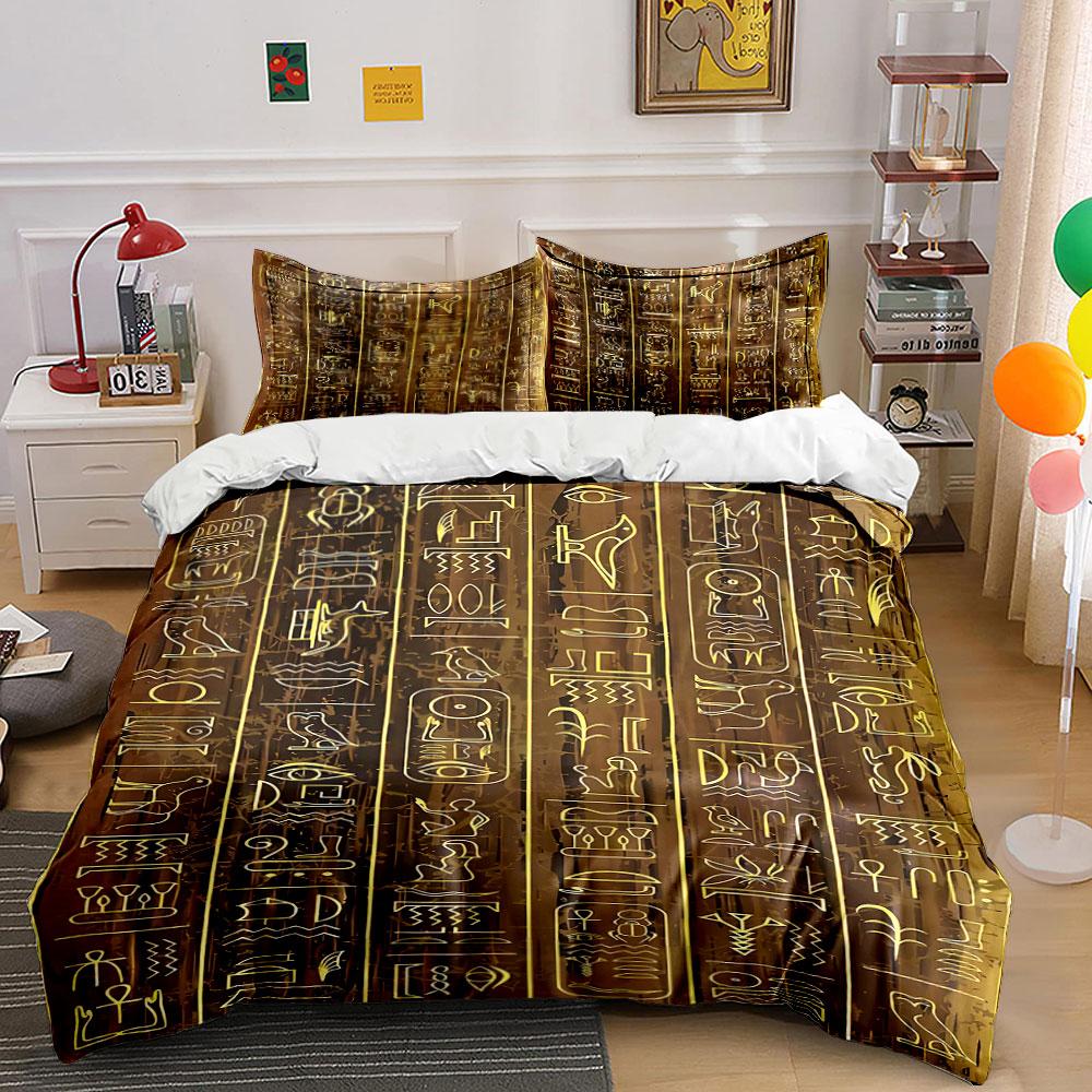 Golden Egyptian hieroglyphic symbols Bedding sets Duvet cover sets Duvet covers Pillowcases(1 * Duvet Cover 2 * Pillowcases without duvet insert) 135x200cm