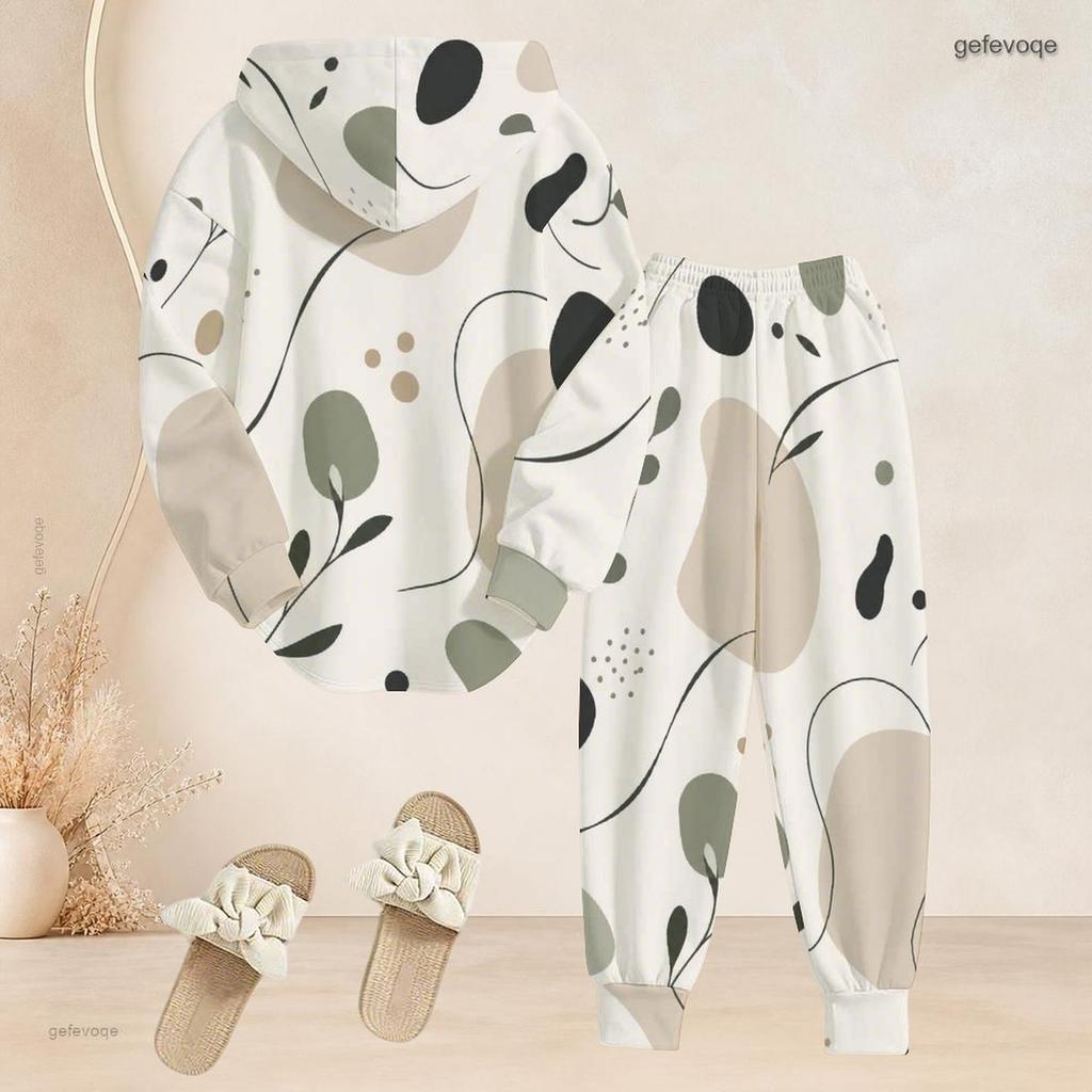 Women Plus Size Abstract Printed Long Sleeve Hooded Top Cuffed Pants Two Piece Set