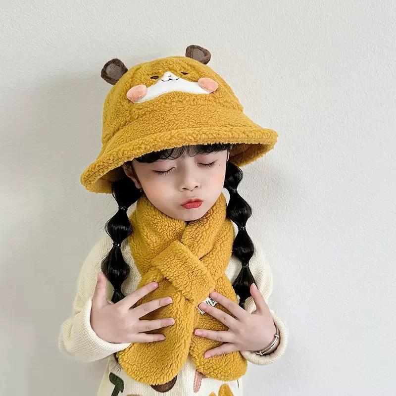Children's Hat Scarf Two-piece Set Winter Girl Cute Rabbit Warm Basin Hat Boy Baby Winter Bucket Hat