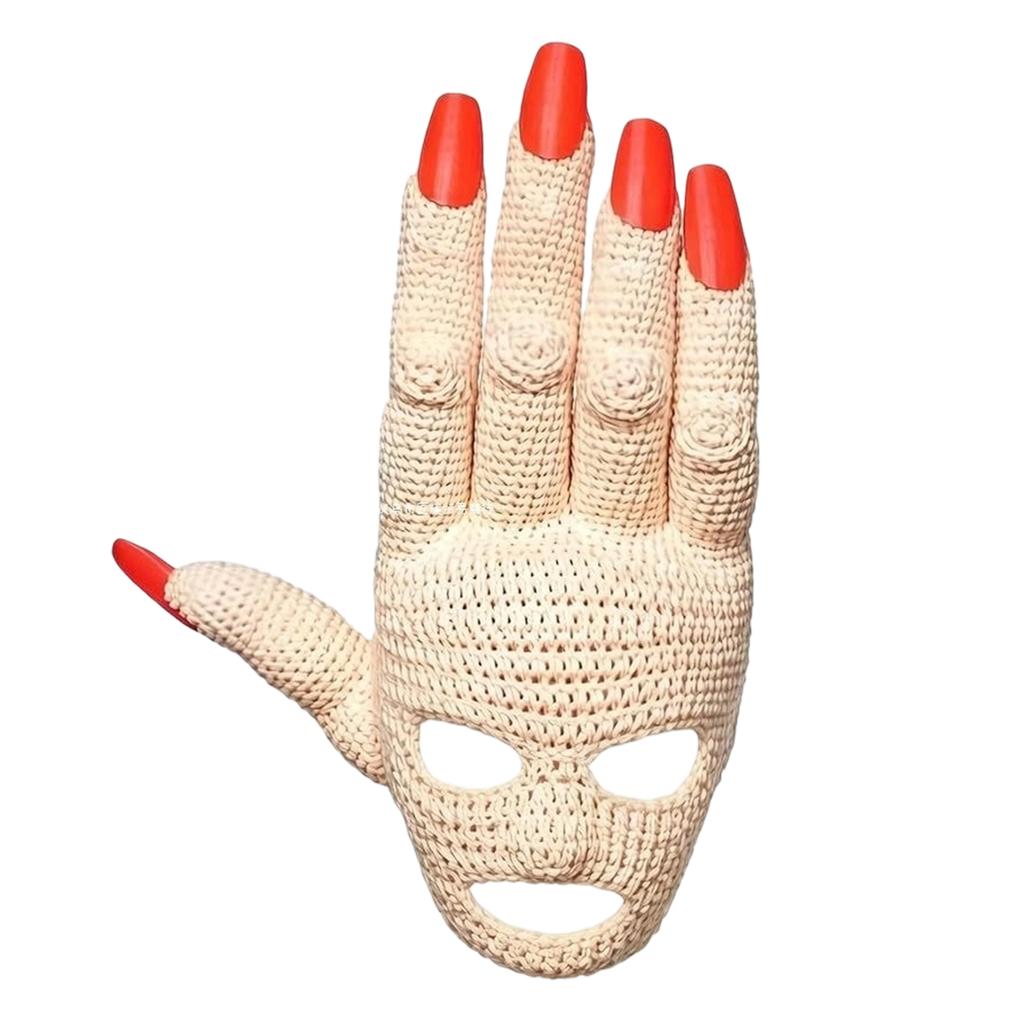 Crochet Hand Shaped Face Mask with Long Fingertips and Openings for Eyes and Mouth for Costume Party Role Play Accessory