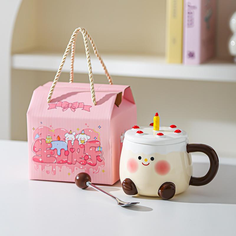Creative Cartoon Cake Cup Birthday Gift Souvenir Ceramic Cup Cute Good Looking Water Cup with Lid Mug