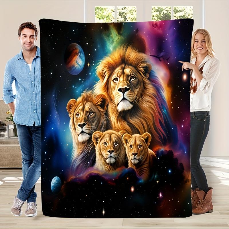 Lion Family In Space Fleece Blanket Cosmic Galaxy Print Throw Soft Warm All Season Bedding Home Decor Gift For Animal Lovers