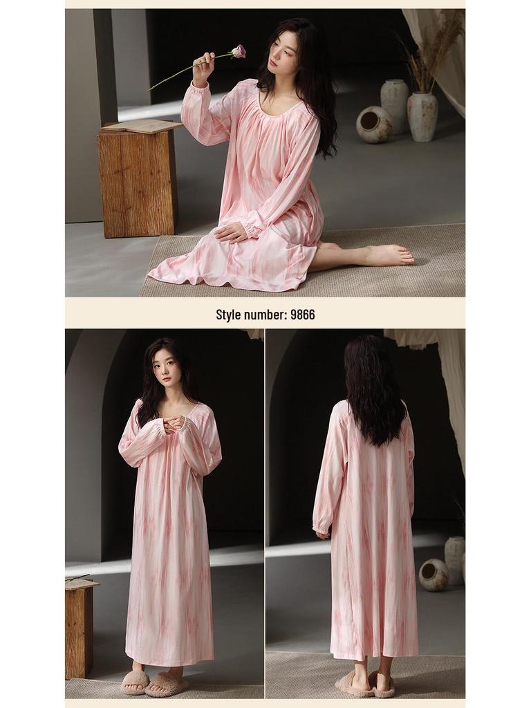 Caini Damska bawełniana koszula nocna z długim rękawem i wkładką na biust - Bardzo długa, luźny krój na wiosnę i jesień