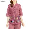 ZANZEA Damen Lässig Stehkragen Locker Halber Ärmel Print Bluse