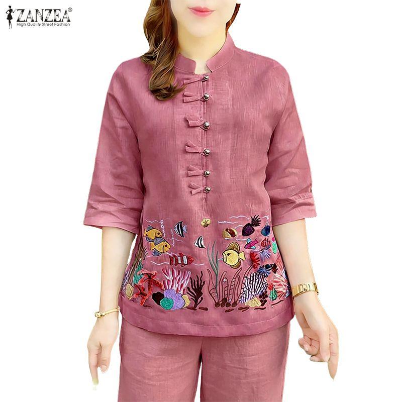 ZANZEA Damen Lässig Stehkragen Locker Halber Ärmel Print Bluse