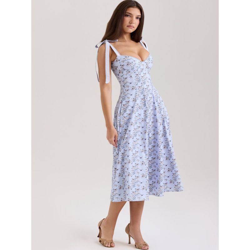 Beautiful Dress House Same Style Tea Break Fresh Floral Sweet Bow Design Temperament Sling Dress