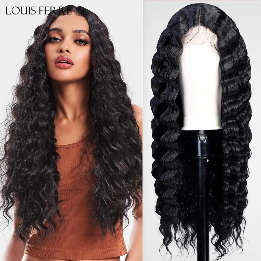 LOUIS FERRE Long Deep Wave Wig Brown Highlight Crimps Curl Synthetic Hair Wigs Lace Front Wig for Women with Babyhair for Daily