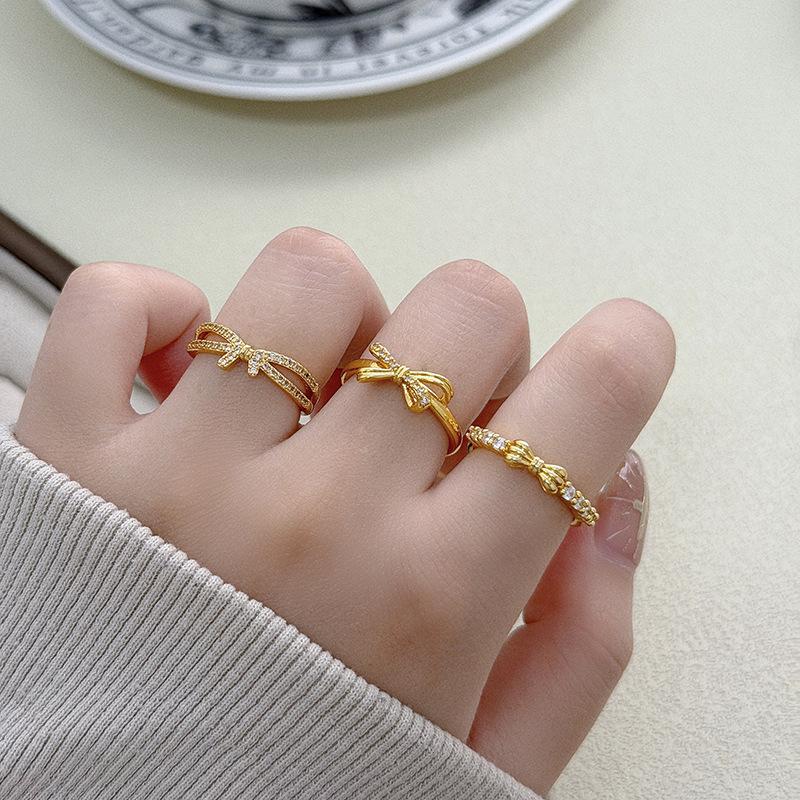Medieval Vintage Micro-Inlaid Zircon Bow Open Ring Women'S Retro Light Luxury Niche High-End Index Finger Ring