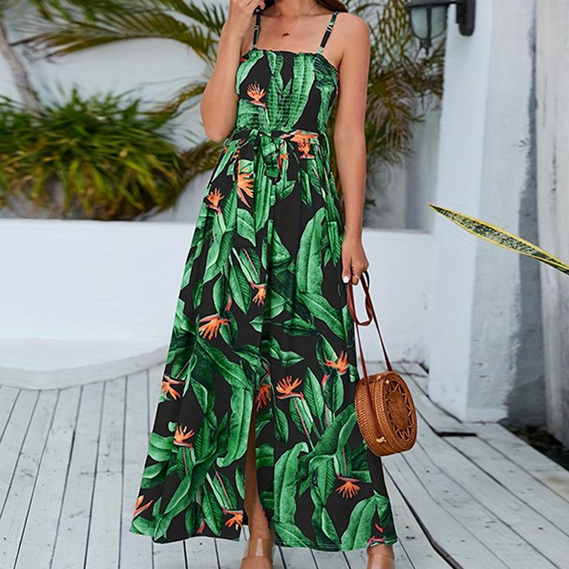 Dámské letní plážové šaty v bohémském stylu s potiskem rozdělených listů