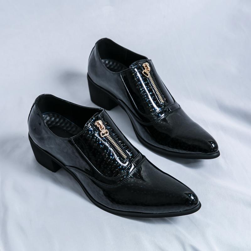 Patent Leather Men Shoes Man Loafers Zip Slip On Business Casual Shoes Classic High Heels Dress Oxford Shoes Male Flats