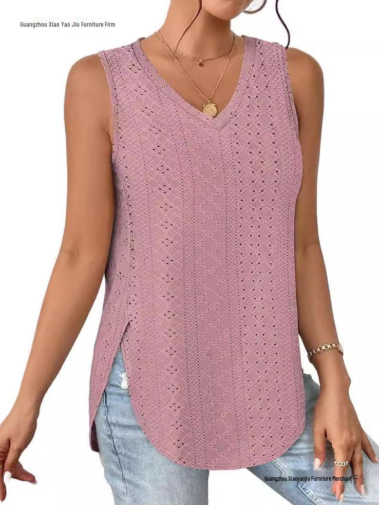 Spring/Summer V-Neck Sleeveless Eyelet Jacquard Women's Casual Vest Top