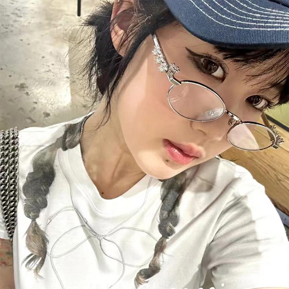 Elegant Metal Frame Oval Glasses with Sparkling Rhinestone Decorated Plano Glasses