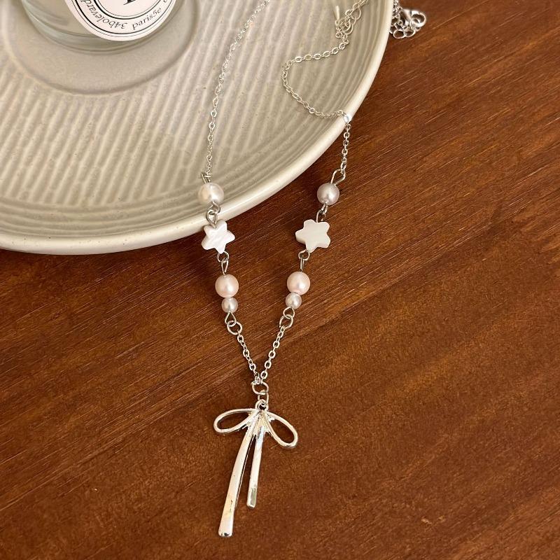 Y2k Bowknot Pendant Necklace for Women Sweet Korean Cute Pearl Star Necklace Aesthetic Jewelry
