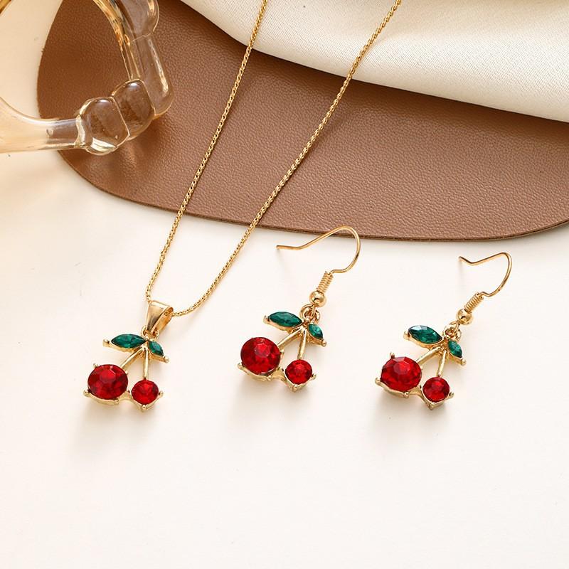 Sweet Cherry Necklace And Earring Set For Women Cute Fruit Jewelry Summer Accessories