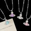 Geometric Saturn Pendant Necklace Women Purple Blue Pink White Alloy Chain With Zirconia Teardrop Charm Fresh Style