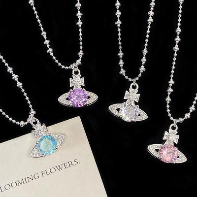 Geometrische Saturn-Anhänger-Halskette für Damen, Lila, Blau, Rosa, Weiß, Legierungskette mit Zirkonia-Tropfen-Anhänger, Frischer Stil