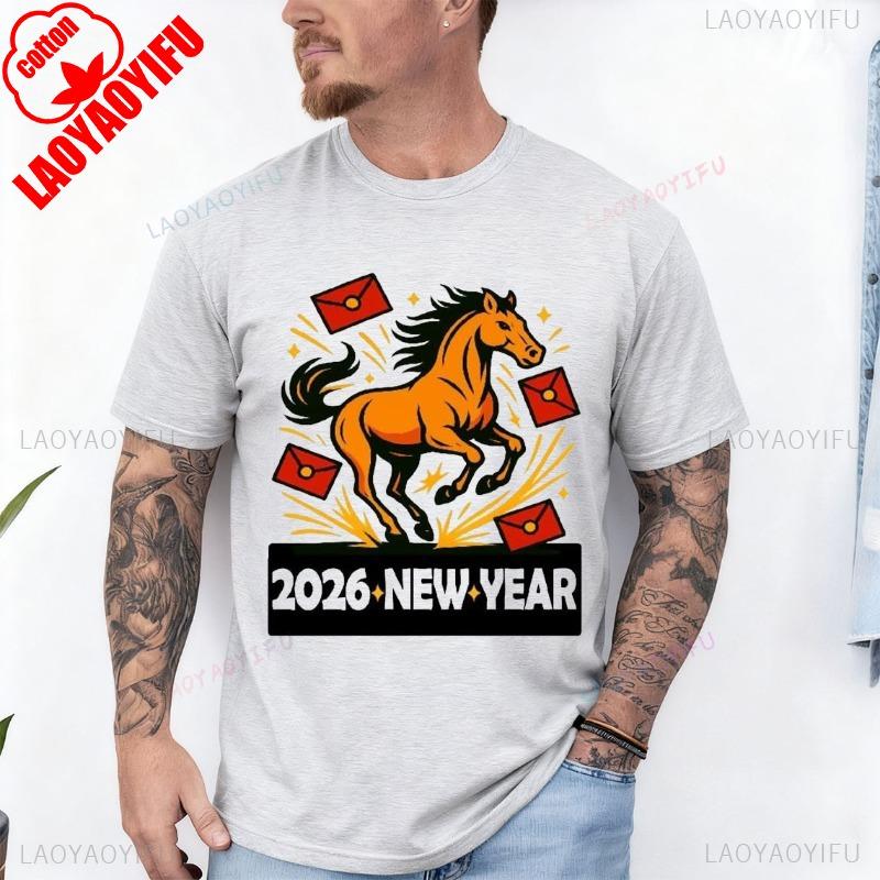 2026 New Year Horse Youth TShirt Crew Neck Short Sleeve Cotton Top All Seasons Casual Funny Outdoors Fashion Comfortable Tees