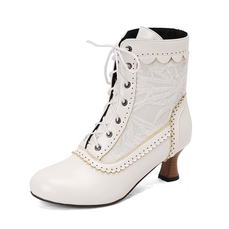 New Lace Up Ladies High Heel Shoes Strange Steampunk Boot Victorian Ankle Boots Women Pointed Toe Thick Soled Short Boots