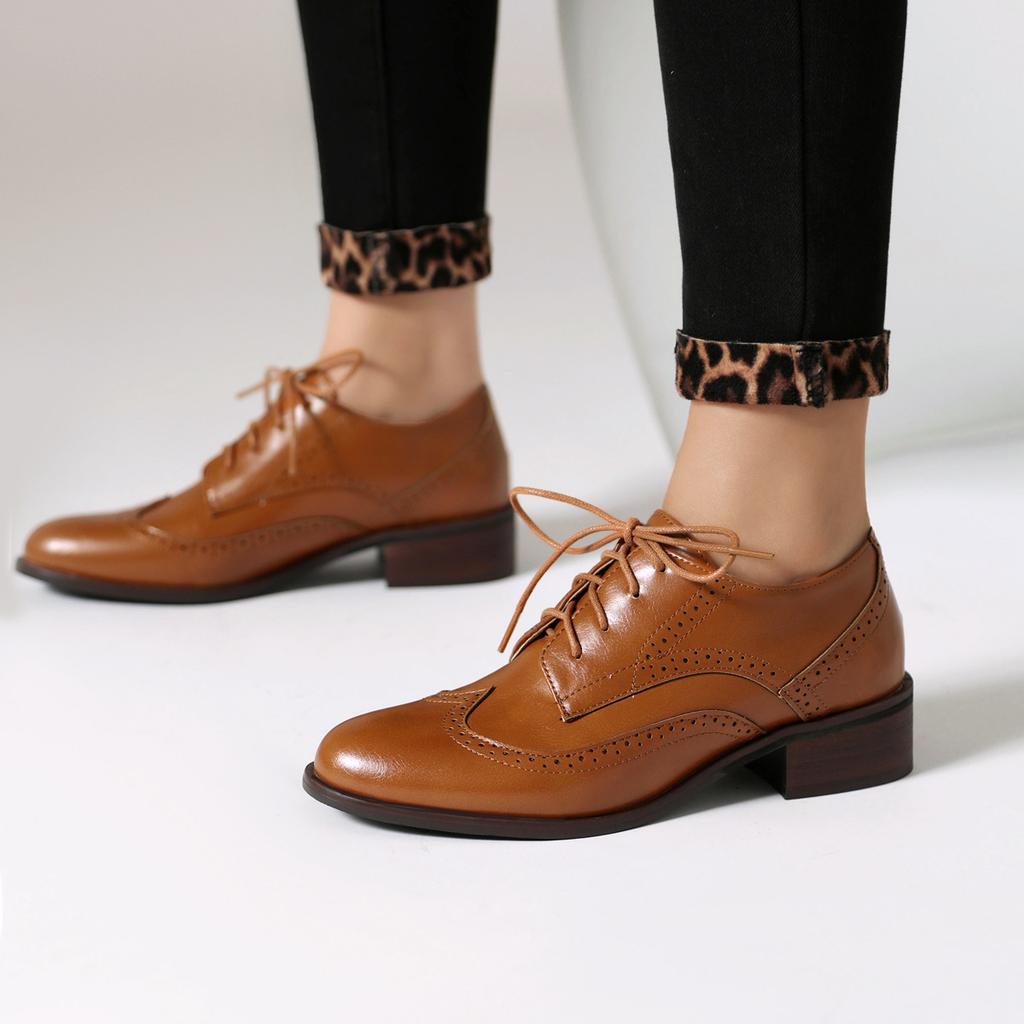 European and American Low-heeled Single Shoes Retro Brock Color Matching Dark-mouth Lace-up  Single Shoes H