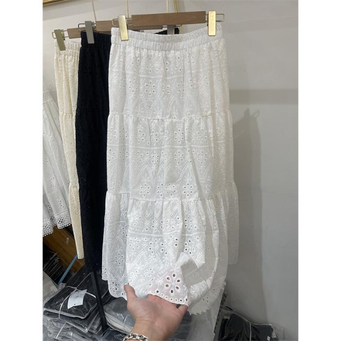 

[Original fabric] Korean high-waisted and thin embroidery hollow medium and long skirt women s A-shaped skirt versatile skirt S белый