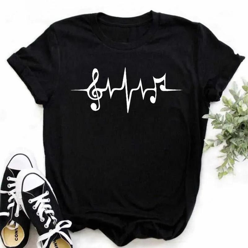 Damen T-Shirt Musik Oberteile Kurzarm Schwarz T-Shirt Damen Lässig Neu Harajuku Lustig Musiknote Kunst T-Shirt Mode