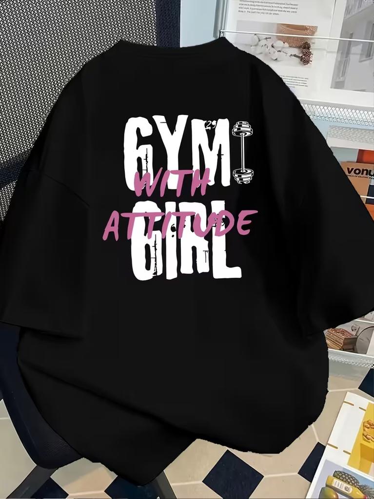 T-shirt Grafica Unisex Palestra Con Atteggiamento Nera T-shirt Casual Con Stampa Lettere Manica Corta Girocollo T-shirt Moda Streetwear