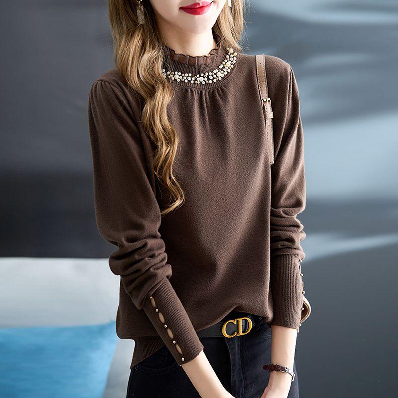 

Осень-зима темперамент бисерные сплайсированные свитера для женщин модные свободные однотонные длинные рукава трикотажные топы женская одежда XXXL небесно-голубой