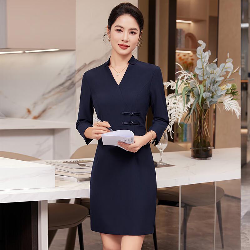 Tenuoman Women's New Chinese Style Navy A-Line Dress with Scarf